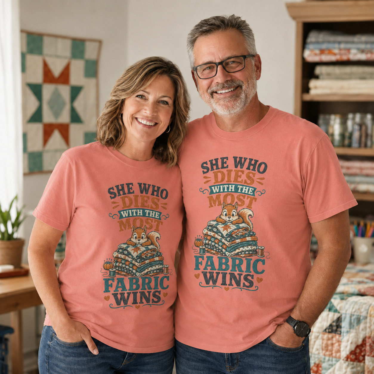 Squirrel She Who Dies With the Most Fabric Wins T-Shirt