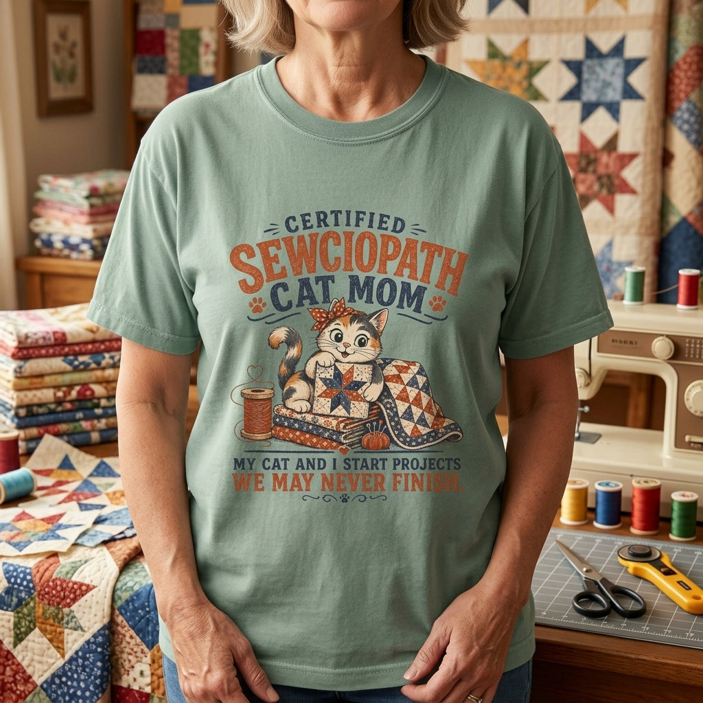Certified Sewciopath Cat Mom T-Shirt