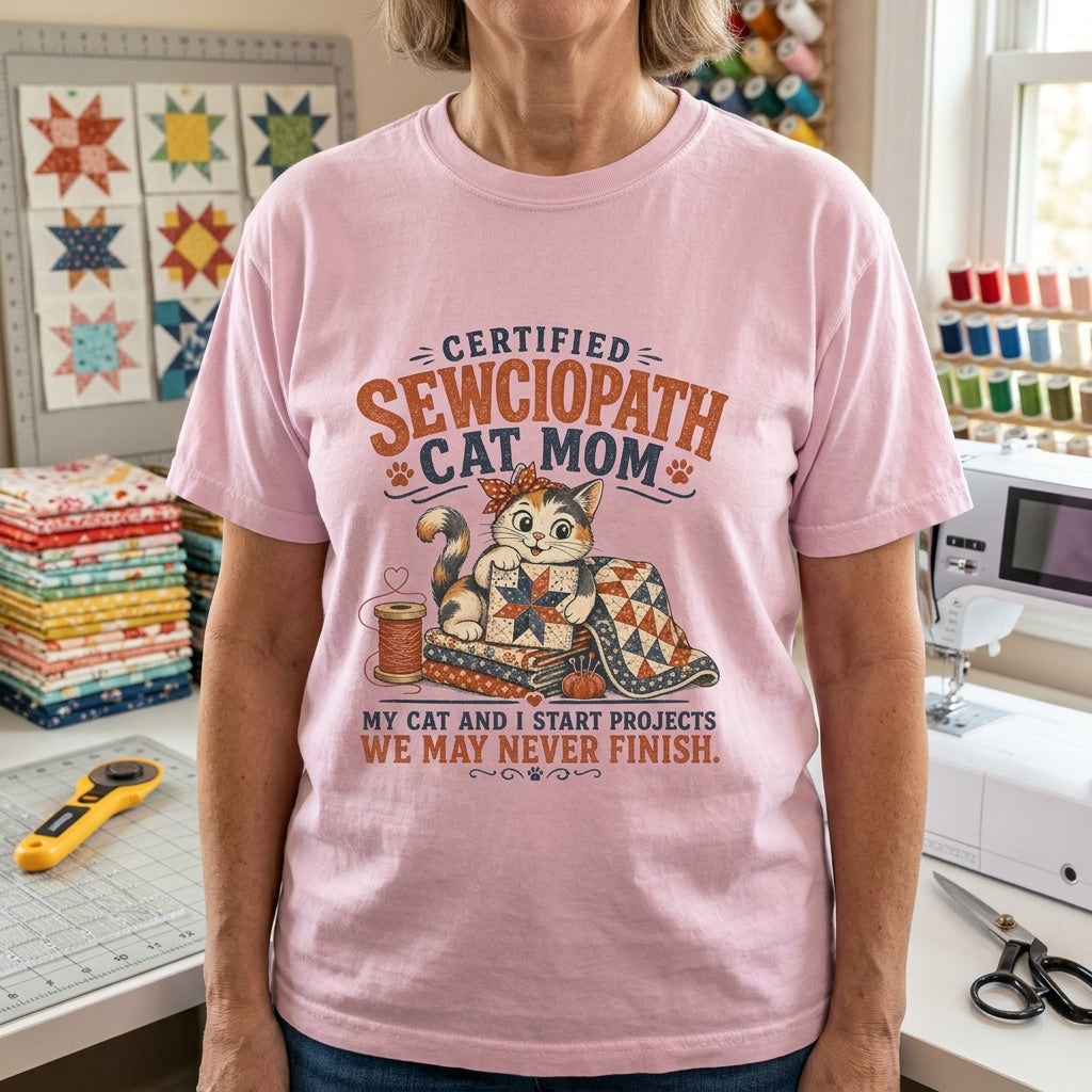 Certified Sewciopath Cat Mom T-Shirt