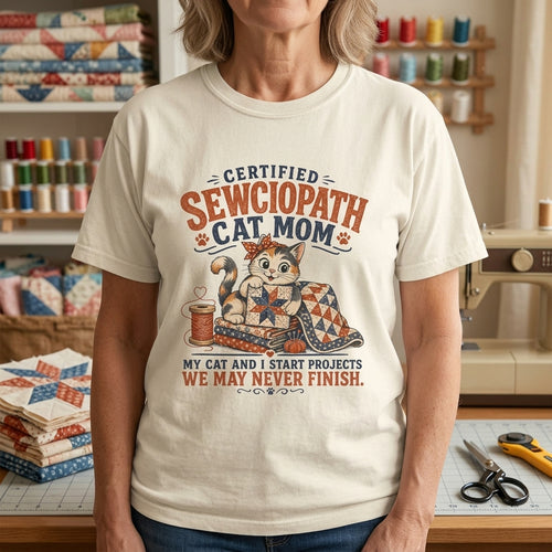 Certified Sewciopath Cat Mom T-Shirt
