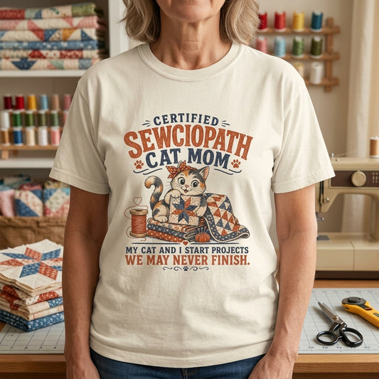 Certified Sewciopath Cat Mom T-Shirt