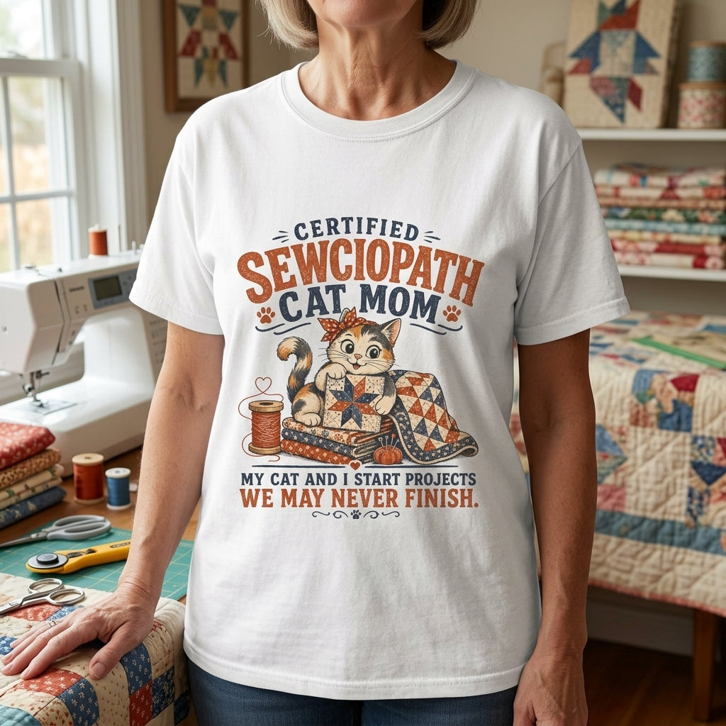 Certified Sewciopath Cat Mom T-Shirt