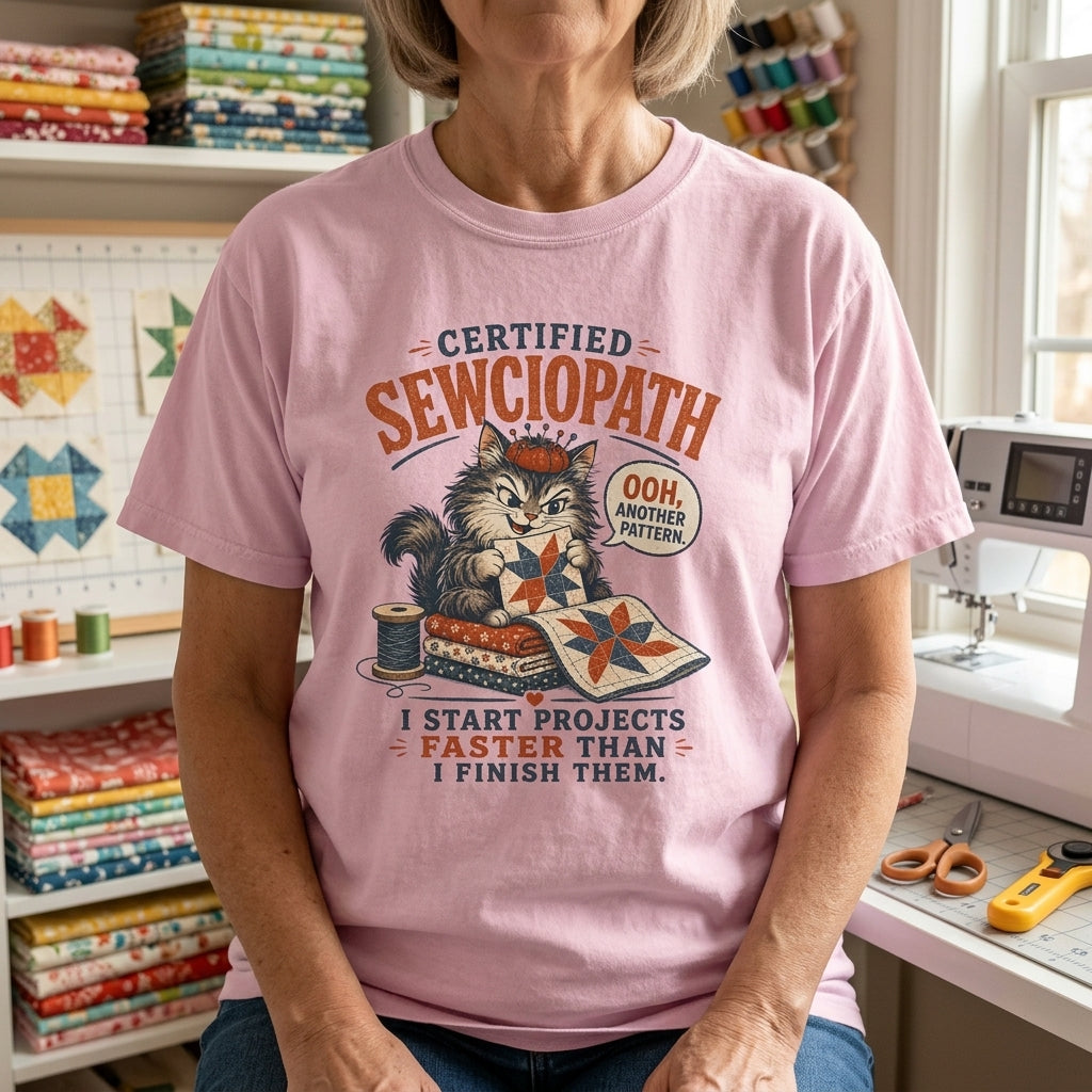 Certified Sewciopath Funny Cat T-Shirt